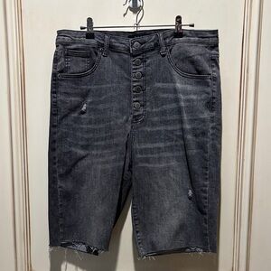 Ladies Distressed Charcoal Denim Shorts.